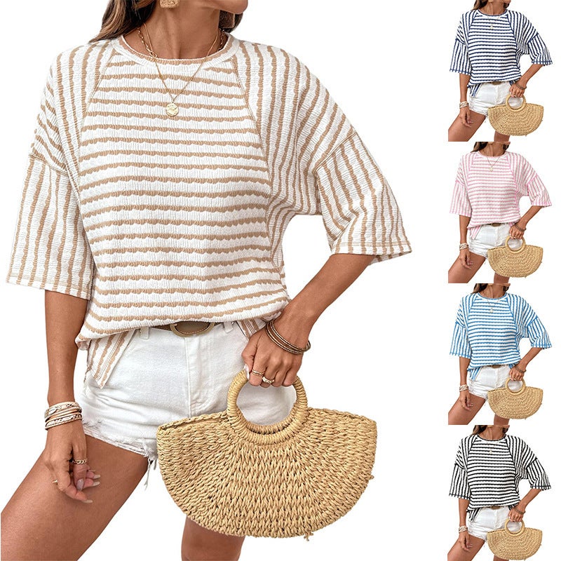 2026 Summer New and Style Women''s Round Neck Pullover Simple Versatile Striped Short-Sleeve T-Shirt - Image 2