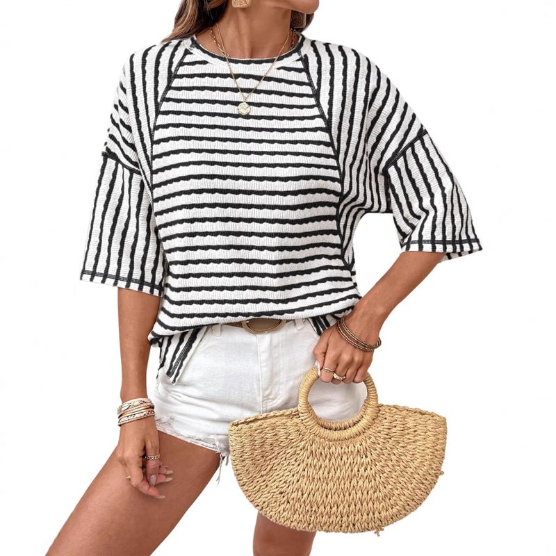 2026 Summer New and Style Women''s Round Neck Pullover Simple Versatile Striped Short-Sleeve T-Shirt - Image 4
