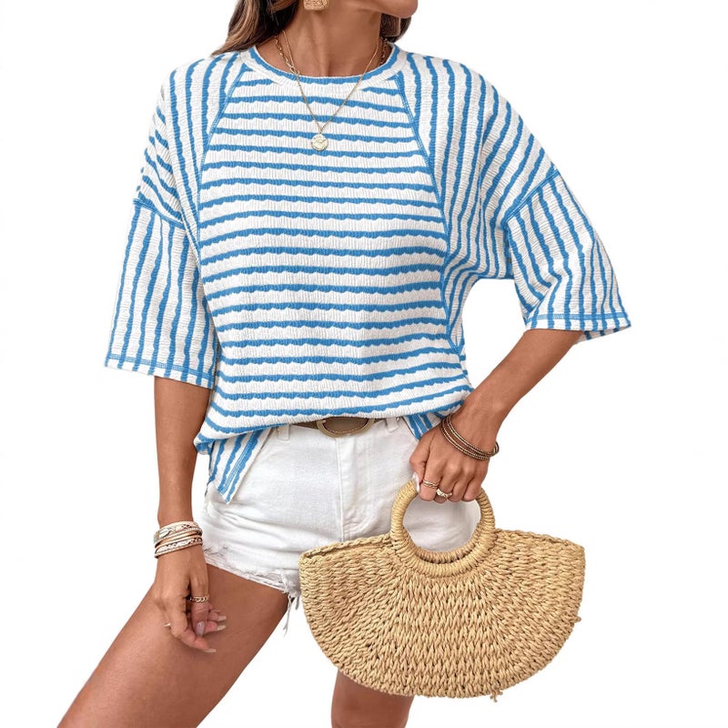 2026 Summer New and Style Women''s Round Neck Pullover Simple Versatile Striped Short-Sleeve T-Shirt - Image 3