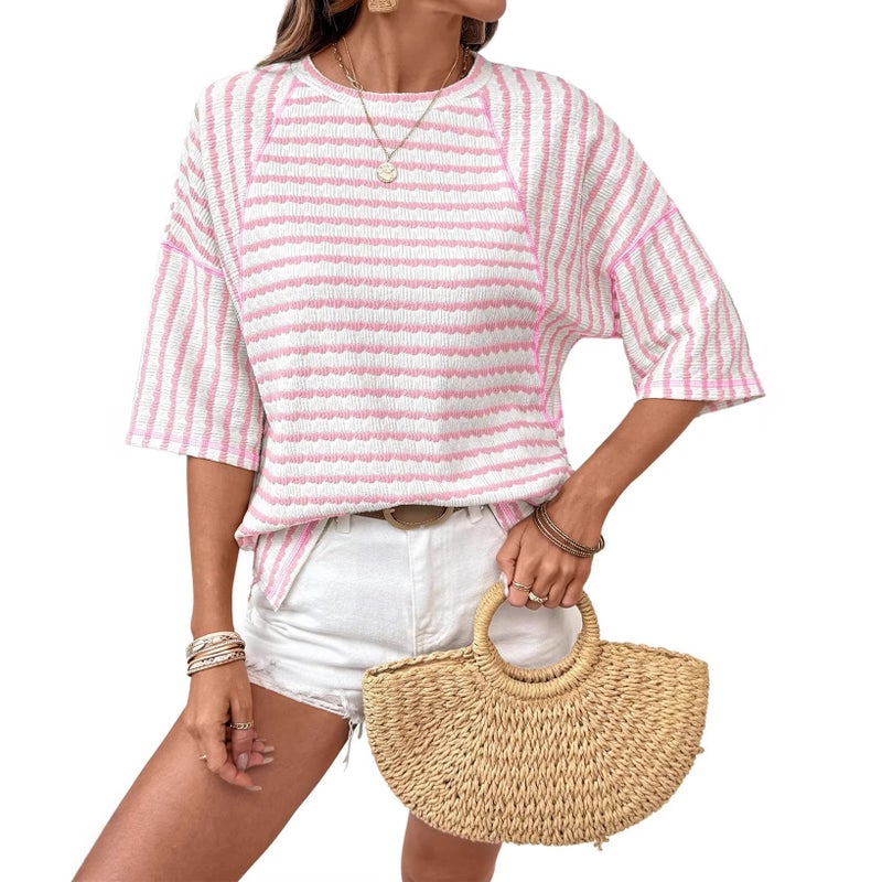 2026 Summer New and Style Women''s Round Neck Pullover Simple Versatile Striped Short-Sleeve T-Shirt - Image 5