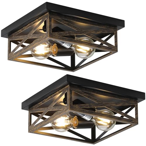 DIKAIDA 2Pack Rustic Flush Mount Ceiling Light Fixture, Modern Farmhouse Light Fixture, Kitchen Hallway Light Fixtures for Bedroom,Dining Room Entryway,Industrial Metal Cage Ceiling Light - Image 1