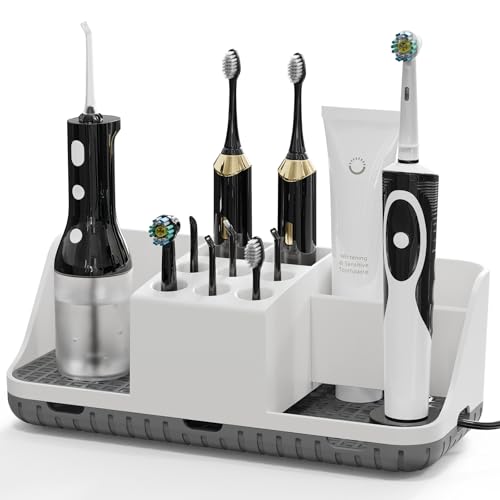 Boperzi Electric Toothbrush Holders with Cord Slots: Detachable Toothbrush and Toothpaste Holders, Large Tooth Brush Storage Caddy Set Drainage, Anti-Slip Bathroom Counter Organizer for Family, Kids - Image 1