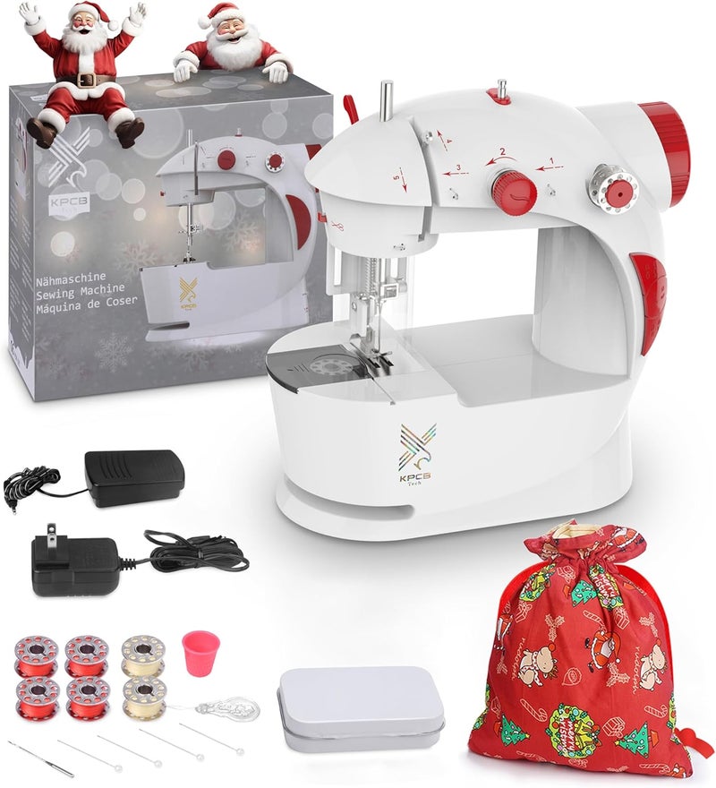 KPCB Tech Kids Sewing Machine with Finger Guard and Christmas DIY Bag Material, Mini Electric Sewing Machine with Foot Pedal (Red) - Image 1