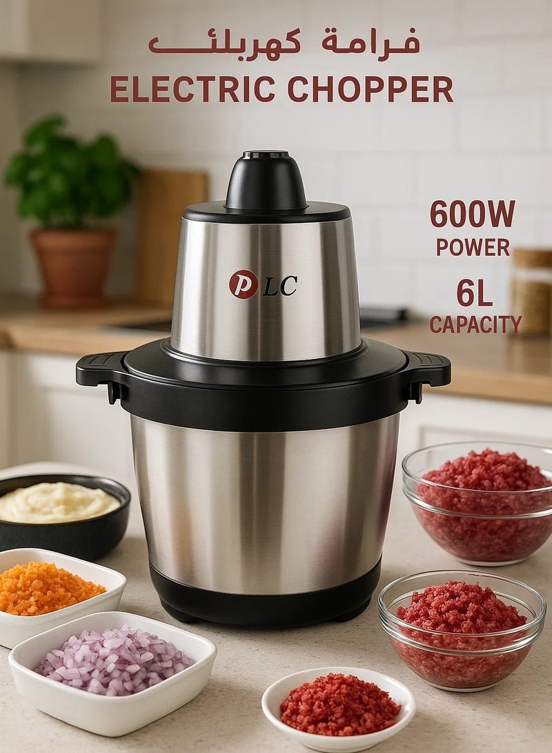 DLC Multifunctional Electric Food Chopper 600W 6L – Stainless Steel Meat Grinder & Vegetable Cutter, 4D Blades, Safety Lock - Image 1