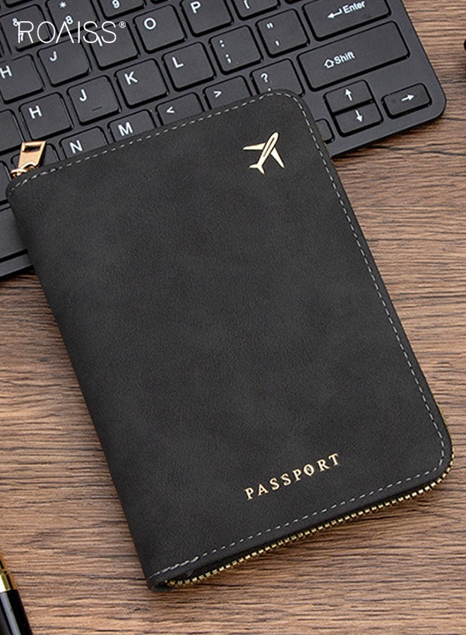 roaiss Unisex Passport Holder with Zipper , Thickened PU Passport Cover , Multi-Card Slot Solid Color Printed ID Holder , Travel Anti-Skimming Storage Pouch , Black - Image 2
