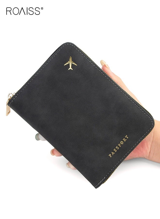 roaiss Unisex Passport Holder with Zipper , Thickened PU Passport Cover , Multi-Card Slot Solid Color Printed ID Holder , Travel Anti-Skimming Storage Pouch , Black - Image 1