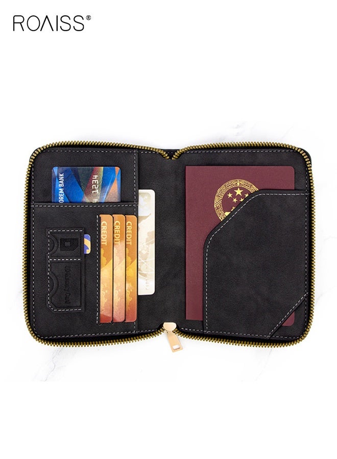 roaiss Unisex Passport Holder with Zipper , Thickened PU Passport Cover , Multi-Card Slot Solid Color Printed ID Holder , Travel Anti-Skimming Storage Pouch , Black - Image 4
