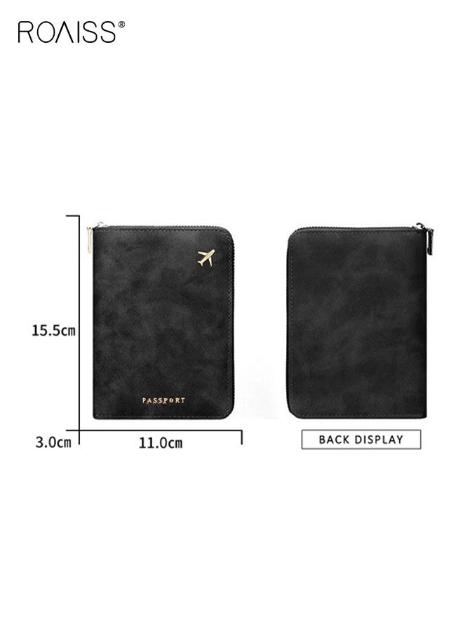 roaiss Unisex Passport Holder with Zipper , Thickened PU Passport Cover , Multi-Card Slot Solid Color Printed ID Holder , Travel Anti-Skimming Storage Pouch , Black - Image 3