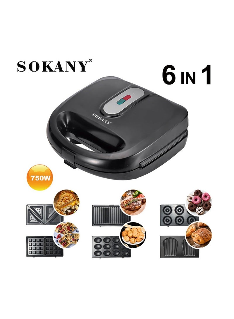 sokany Electric Sandwich Maker 750 Watt 6 slices in 1, Donut, Nuts, Waffle, Shells, Sandwich, Bread Slices, Pan-fried Steak, Large size, Non-stick and Removable plates, SK-908 Black - Image 1