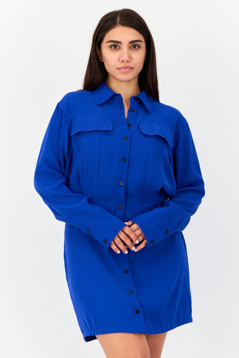 Reserved فستان ميني بسيط للنساء، أزرق - Image 1