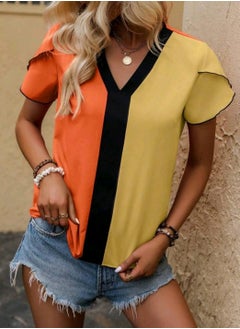 SHEIN LUNE Colorblock Petal Sleeve V Neck Blouse