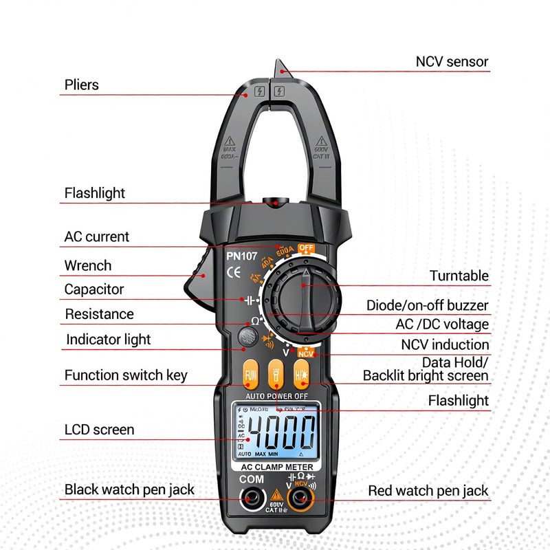 ANENG PN107 Digital Clamp Meter CAT II 600V AC Voltage Multimeter Tester 4000 Counts Amp Voltage Tester Measures AC/DC Current AC Voltage Resistance Capacitor Diodes Electrican Tools Non-Contact - Image 2