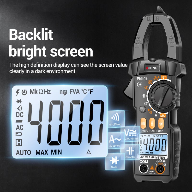 ANENG PN107 Digital Clamp Meter CAT II 600V AC Voltage Multimeter Tester 4000 Counts Amp Voltage Tester Measures AC/DC Current AC Voltage Resistance Capacitor Diodes Electrican Tools Non-Contact - Image 5