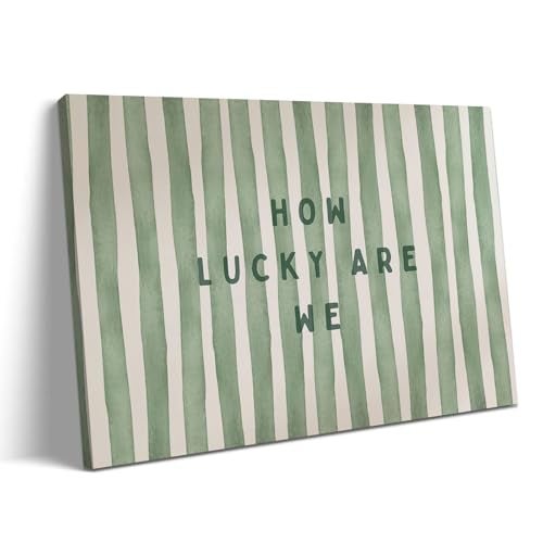 SHEWANT ART Framed Trendy Wall Art How Lucky are We Positive Quote Inspirational Canvas Print Green Preppy Wall Art Minimalist Girly Aesthetic Room Decor for Bedroom Office Apartment Dorm 24x16 inch Ready to Hang - Image 1