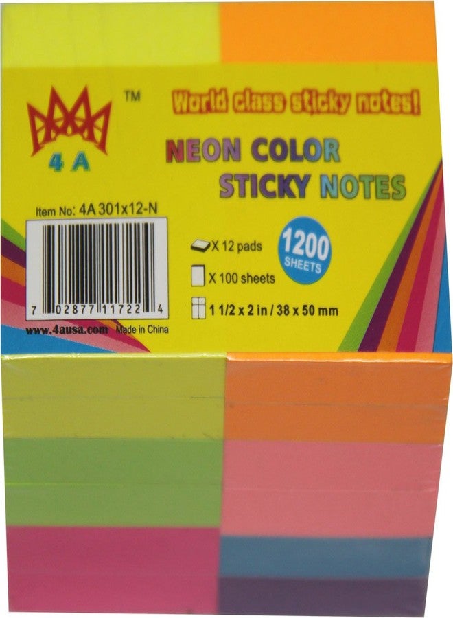 4A Sticky Notes,1 1/2 x 2 Inches,Small Size,The Adhesive On Shorter Side,Neon Assorted,Self-Stick Notes,100 Sheets/Pad,12 Pads/Pack,4A 301x12-N, Neon Assorted-12 Pads - Image 2