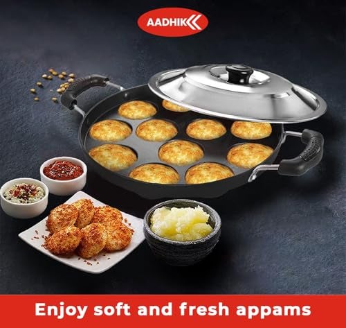 AADHIK Appam Pan with Lid 12 Cavity Appam Patra Non Stick Aluminium Appam Maker with Stainless Steel Lid, Kichen Essential Cooking Pan (Pack of 1,Black) - Image 2