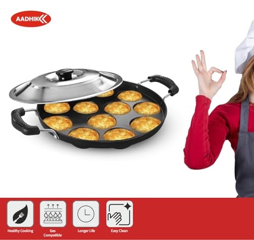 AADHIK Appam Pan with Lid 12 Cavity Appam Patra Non Stick Aluminium Appam Maker with Stainless Steel Lid, Kichen Essential Cooking Pan (Pack of 1,Black) - Image 4