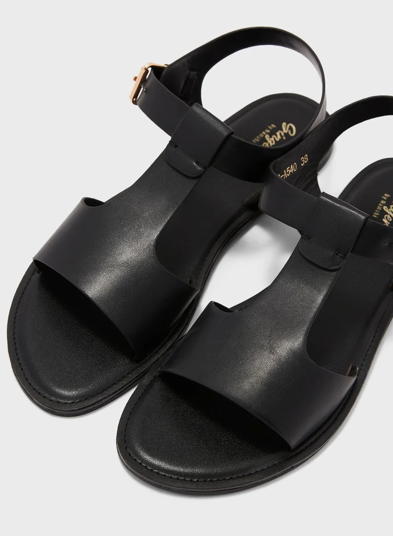 Ginger Cutout Ankle Strap Flat Sandal Black