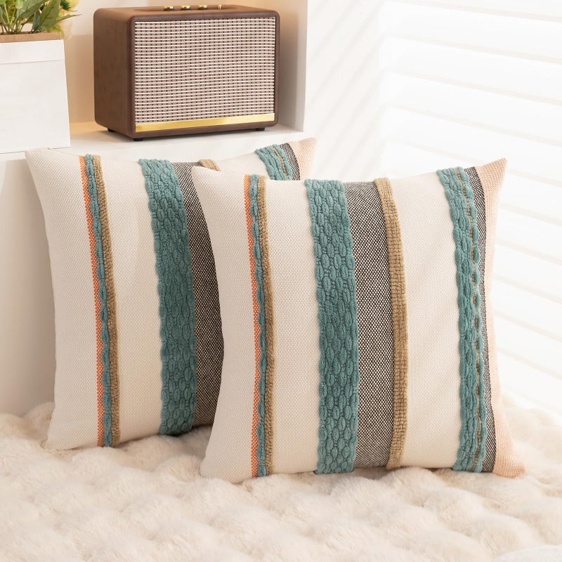 WANLIRD Boho Throw Pillow Covers 18x18 Set of 2 Farmhouse Decorative Cushion Case Striped Square Pillows Cover Chenille Pillow Cases Accent Neutral Pillowcase for Sofa Couch Bed,Blue - Image 4