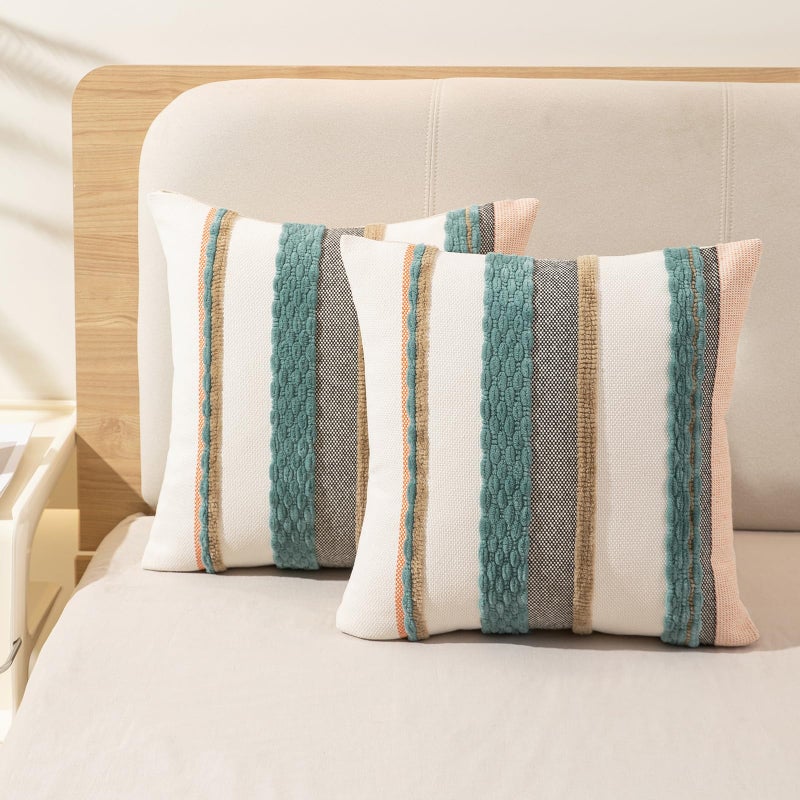 WANLIRD Boho Throw Pillow Covers 18x18 Set of 2 Farmhouse Decorative Cushion Case Striped Square Pillows Cover Chenille Pillow Cases Accent Neutral Pillowcase for Sofa Couch Bed,Blue - Image 5