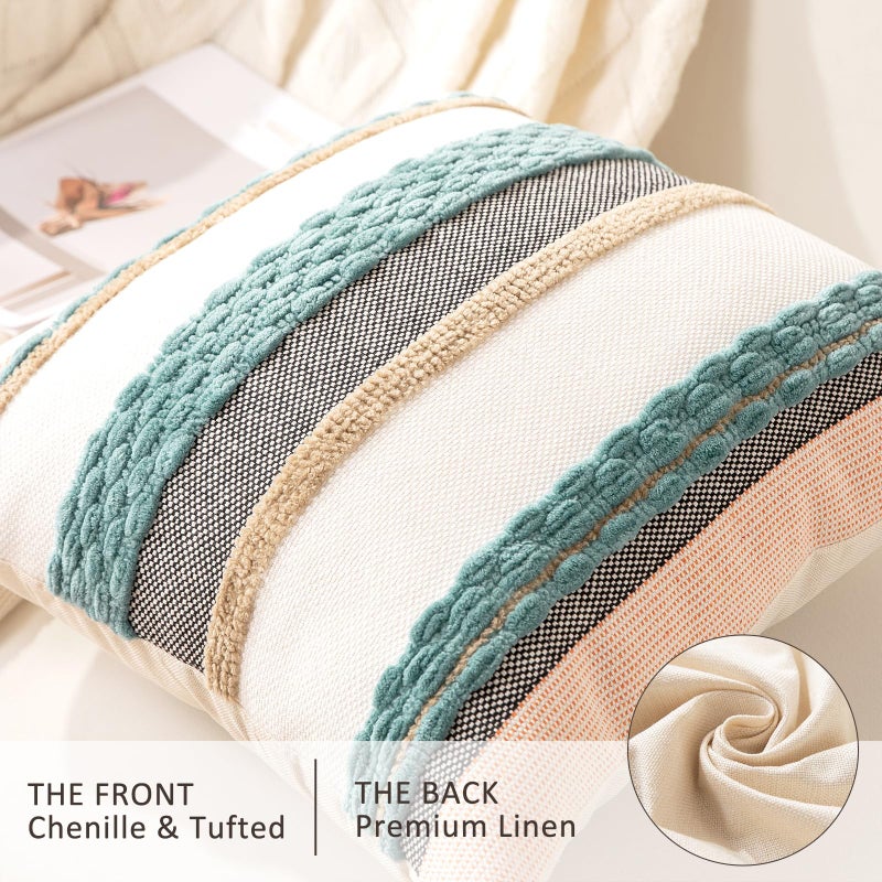 WANLIRD Boho Throw Pillow Covers 18x18 Set of 2 Farmhouse Decorative Cushion Case Striped Square Pillows Cover Chenille Pillow Cases Accent Neutral Pillowcase for Sofa Couch Bed,Blue - Image 2