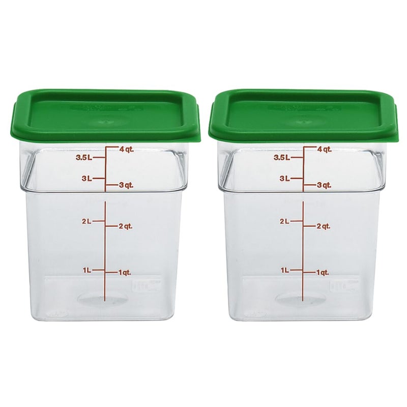 Cambro Food Storage Container with Lid (2 Pack) - Classic Series Square with Green Lid - 4 QT (Quart) - Commercial Grade for Food Prep (Clear) - Image 1