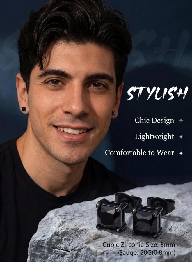 Jstyle Stainless Steel Black Stud Earrings for Men Women 20G Cubic Zirconia Black Earrings Studs for Sensitive Ears Hypoallergenic CZ Surgical Steel Earrings Pierced 3-8mm, 6MM, Stainless Steel, Cubic - Image 2