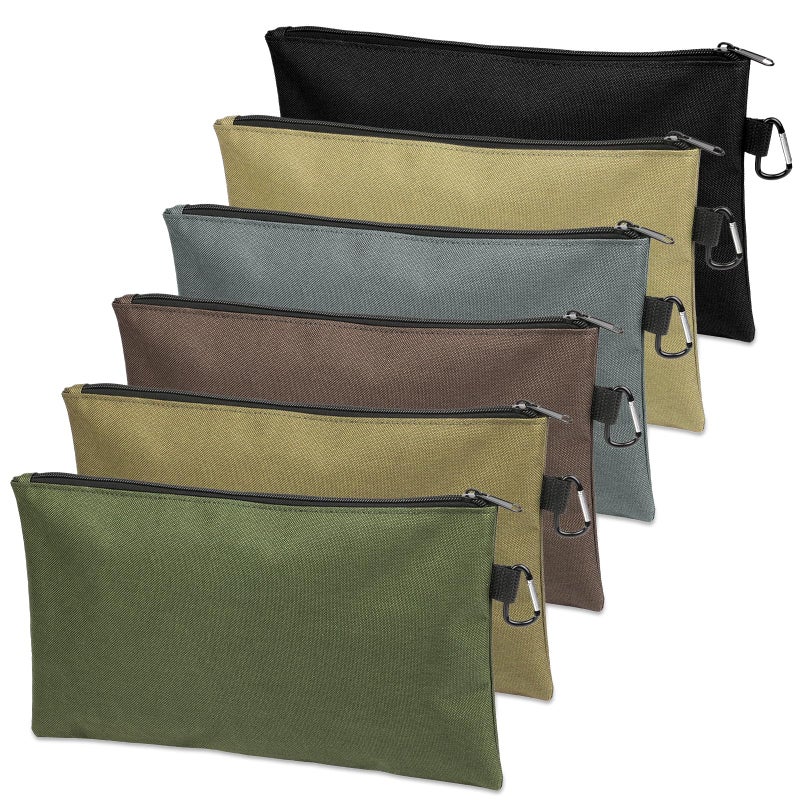 COIDEA Tool Bag Zipper Pouch Premium Tool Pouch Utility Multipurpose Storage Organizer Tool Pouches with Carabiner Metal Zipper for Tools 6 Pack Tan Navy Green Black Light Brown Grey Mocha