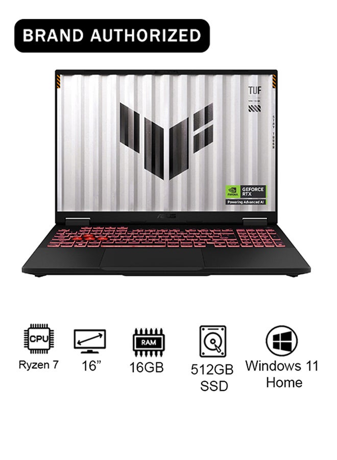 أسوس لابتوب TUF A16 للألعاب (2025) – AMD Ryzen 7-260 / 16 بوصة FHD+ / 512 جيجابايت SSD / 16 جيجابايت RAM / 8 جيجابايت NVIDIA GeForce RTX 5050 رسومات / ويندوز 11 هوم – [FA608UH-G1S825W] رمادي إنجليزي جايجر - Image 1