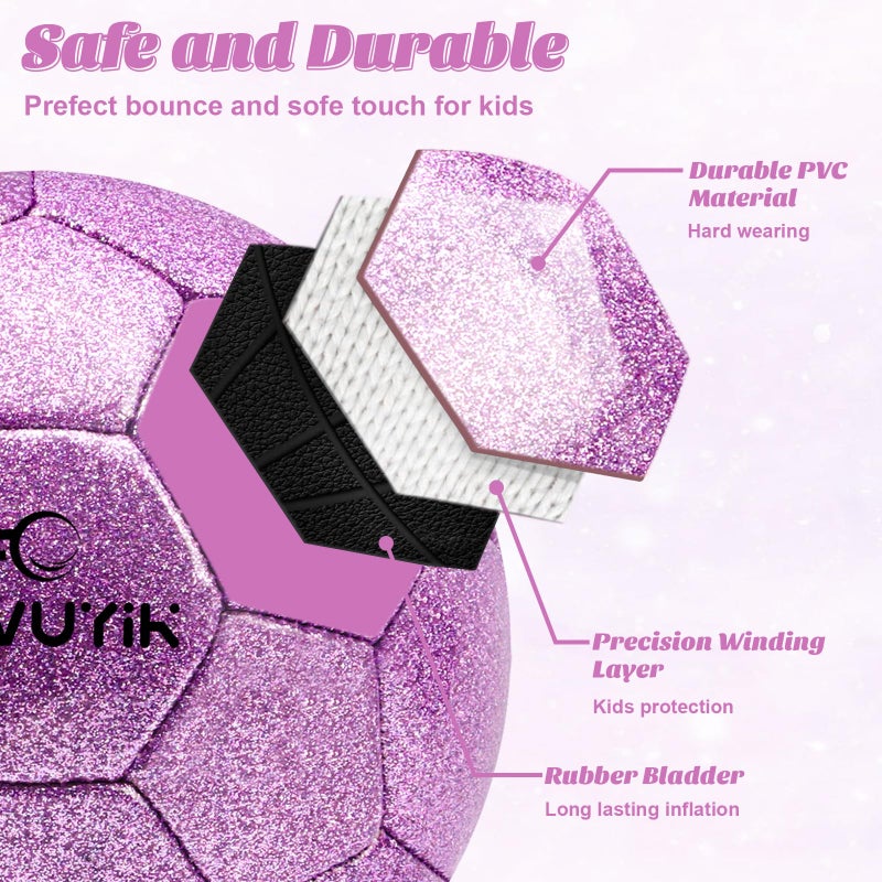 OKWUYiK Size 3 Glitter Purple Soccer Ball Set with Pump Youth Soccer Ball for Kids Aged 4-6 6-8 Toddler Soft Sports for Back to School Kit Sports Training Recreation Toddler Gift - Image 4