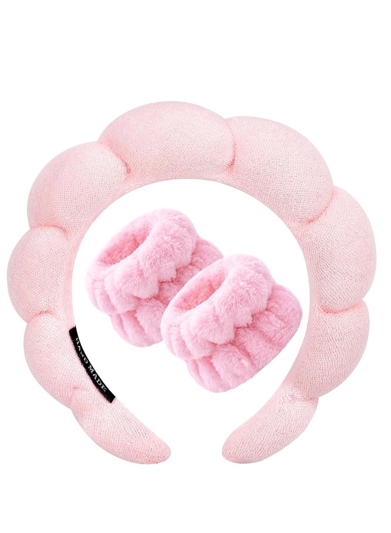 Red Blossom Spa Headband for Washing Face Wristband Sponge Makeup Skincare Headband Terry Cloth Bubble Soft Get Ready Hairband for Women Girl Puffy Padded Headwear Non Slip Thick Hair Accessory(Pink)  - Image 1