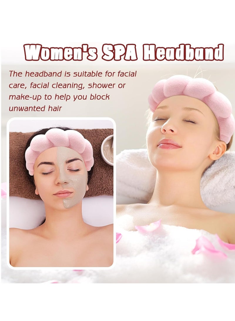 Red Blossom Spa Headband for Washing Face Wristband Sponge Makeup Skincare Headband Terry Cloth Bubble Soft Get Ready Hairband for Women Girl Puffy Padded Headwear Non Slip Thick Hair Accessory(Pink)  - Image 3