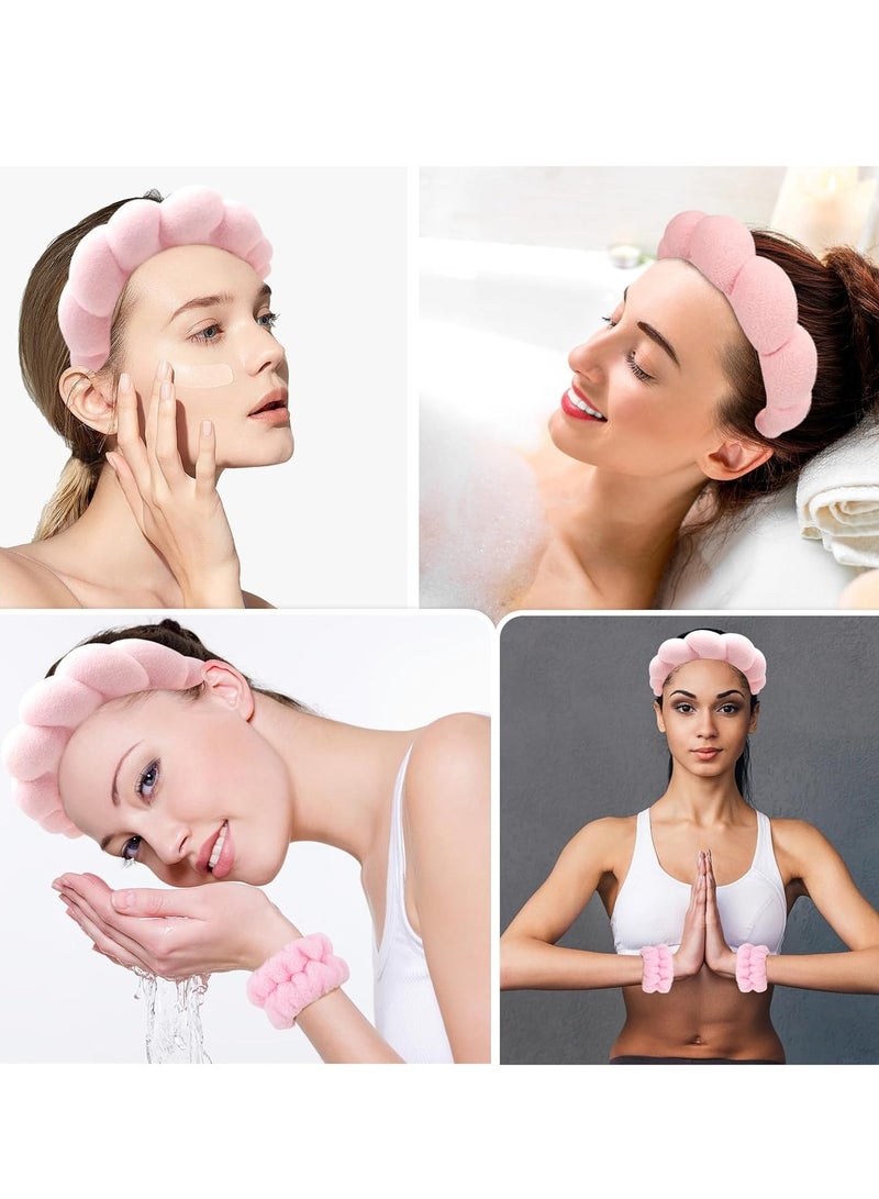 Red Blossom Spa Headband for Washing Face Wristband Sponge Makeup Skincare Headband Terry Cloth Bubble Soft Get Ready Hairband for Women Girl Puffy Padded Headwear Non Slip Thick Hair Accessory(Pink)  - Image 4