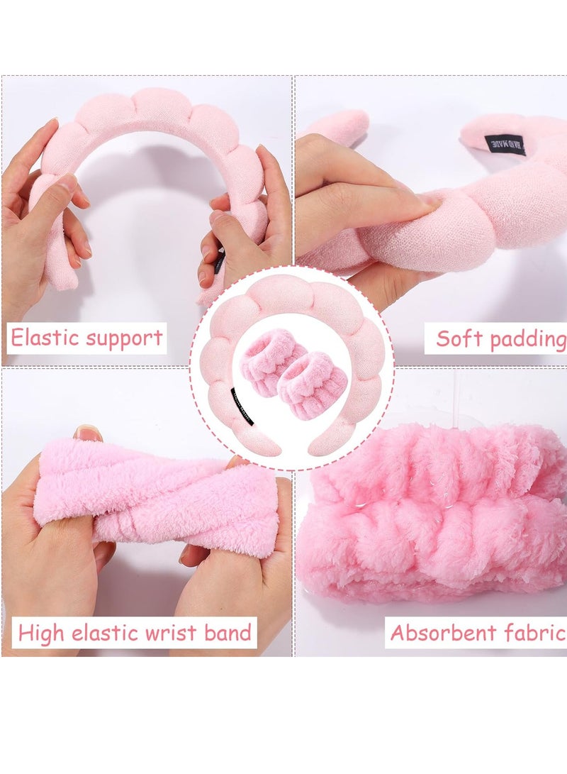 Red Blossom Spa Headband for Washing Face Wristband Sponge Makeup Skincare Headband Terry Cloth Bubble Soft Get Ready Hairband for Women Girl Puffy Padded Headwear Non Slip Thick Hair Accessory(Pink)  - Image 5