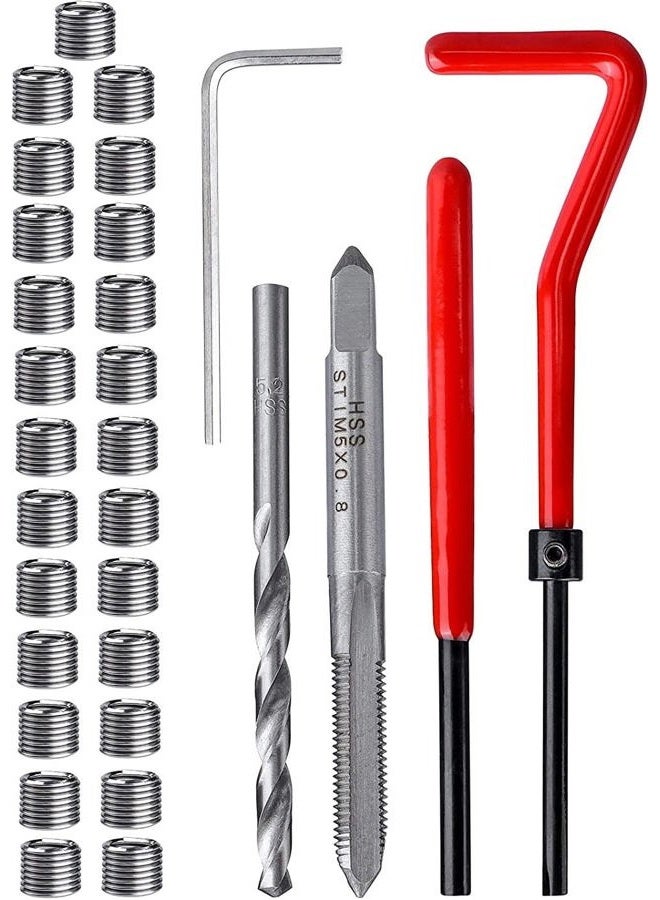 Fixinus Pack of 30 M5 x 0.8 mm Thread Repair Insert Kit, Stainless Steel Thread Repair Kit, Helicoil Coil Compatible Hand Tool Set for Car Repair - Image 1