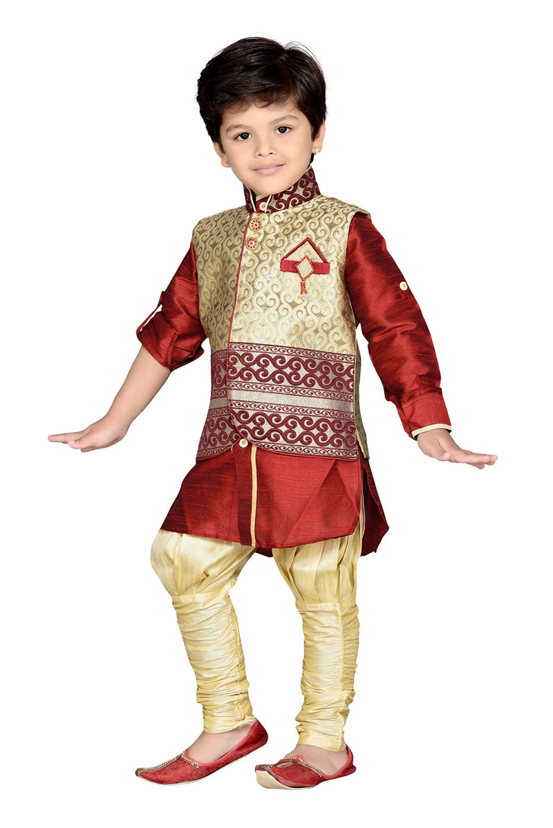 AJ DEZINES Cotton Silk Printed Kids Ethnic Wear Kurta Pyjama Waistcoat Set For Boys (136-Maroon-3), 3 -4 Years - Image 2