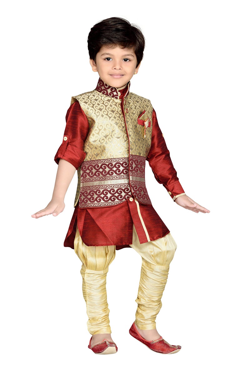 AJ DEZINES Cotton Silk Printed Kids Ethnic Wear Kurta Pyjama Waistcoat Set For Boys (136-Maroon-3), 3 -4 Years - Image 4