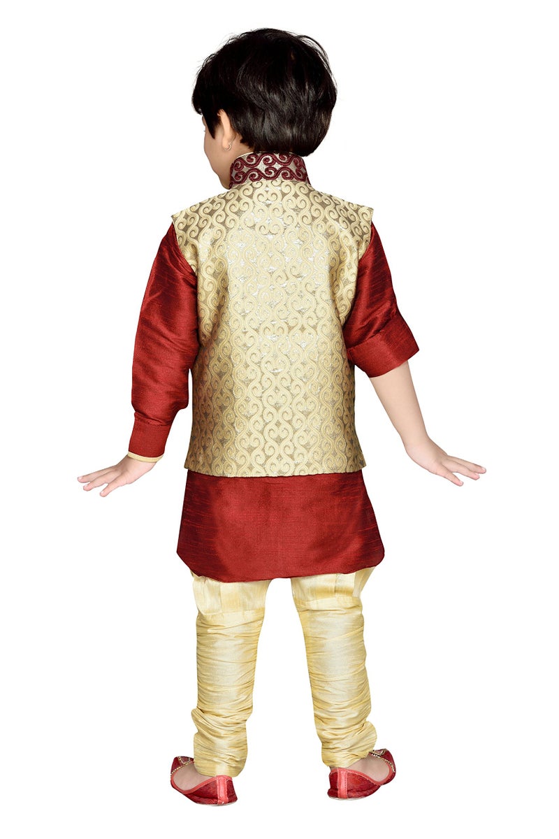 AJ DEZINES Cotton Silk Printed Kids Ethnic Wear Kurta Pyjama Waistcoat Set For Boys (136-Maroon-3), 3 -4 Years - Image 3