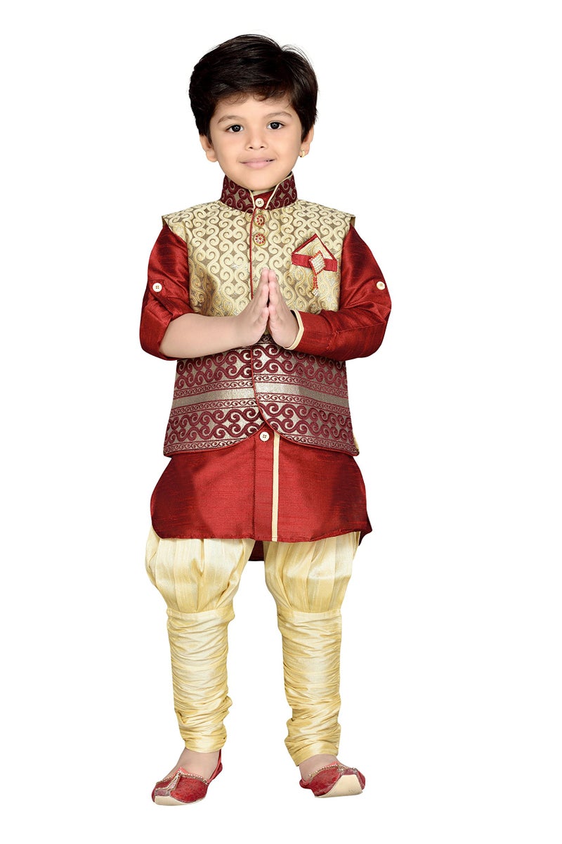 AJ DEZINES Cotton Silk Printed Kids Ethnic Wear Kurta Pyjama Waistcoat Set For Boys (136-Maroon-3), 3 -4 Years - Image 1