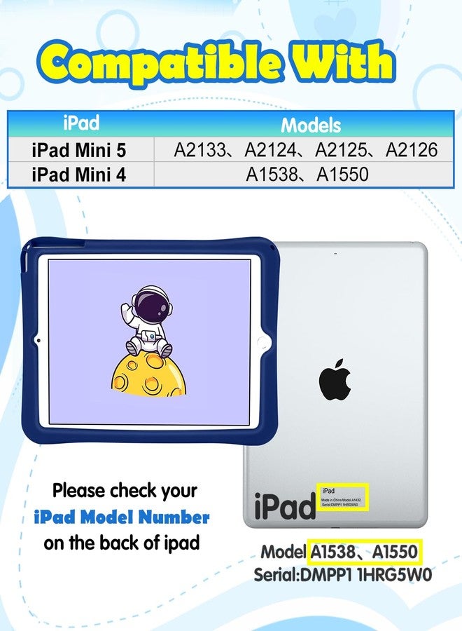 Wazzasoft جراب Wazzasoft لجهاز iPad mini 4/5 مقاس 7.9 بوصة، غطاء بتصميم رائد فضاء لطيف، مناسب للأولاد والبنات، بتصميم كرتوني ثلاثي الأبعاد لطيف، مع مقبض دوار وحامل وحزام، مصنوع من السيليكون الناعم، متوافق مع أجهزة Apple iPad mini من الجيل الخامس والرابع. - Image 2