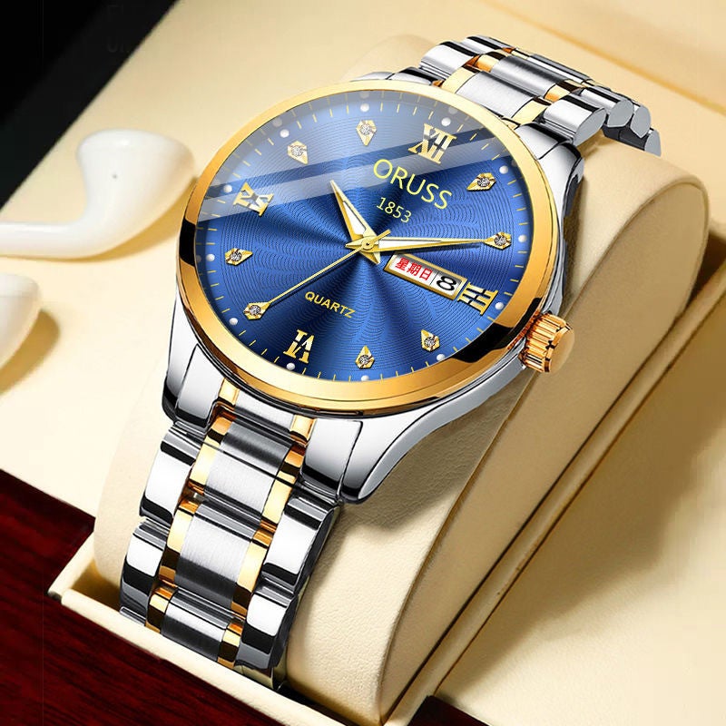 Automatic Mens Luminous Waterproof Luxury Watch Stunningham Style -980 Gold and Blue 