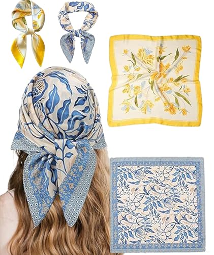 KalamkariX 2PCS Bandanas for Women, Scarf for Women Stylish, Blue and Yellow Bandana, Soft Fabric Headband, Neck and Handbag Accessory, Elegant Accessories - Image 1