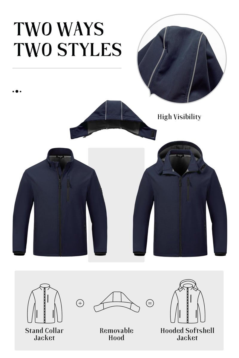 Pursky Mens Jacket With Removal Hood Fleece Light Jackets Casual Winter Men's Tactical Water Resistant Pockets Softshell Lining Hiking Windbreaker Outwear Navy M - Image 3