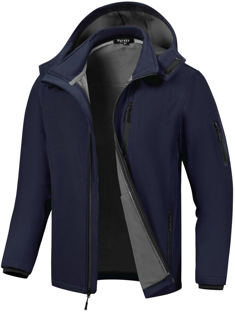 Pursky Mens Jacket With Removal Hood Fleece Light Jackets Casual Winter Men's Tactical Water Resistant Pockets Softshell Lining Hiking Windbreaker Outwear Navy M - Image 1