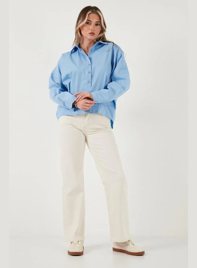 ليلا قميص نسائي قطن ليلا بياقة كلاسيكية، قصير من الأمام وطويل من الخلف