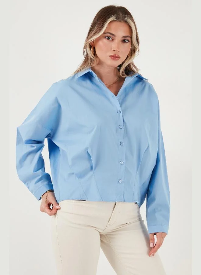 ليلا قميص نسائي قطن ليلا بياقة كلاسيكية، قصير من الأمام وطويل من الخلف