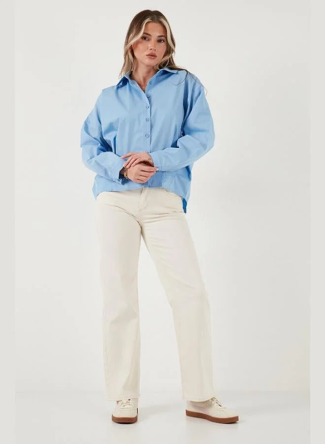 ليلا قميص نسائي قطن ليلا بياقة كلاسيكية، قصير من الأمام وطويل من الخلف