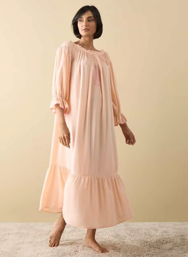 FAV Embroidered Night Gown with Flounce Hem