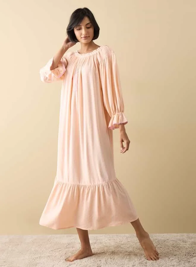 FAV Embroidered Night Gown with Flounce Hem