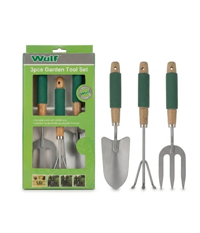 Wulf 3-Piece Garden Tool Set with Hand Trowel Rake and Fork, Heavy Duty Stainless Steel Gardening Tools with Wooden Comfort Grip Handles for Planting Weeding Digging Garden Care - Image 1